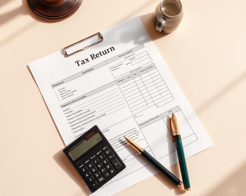 Individual tax return paperwork with calculator and pen
